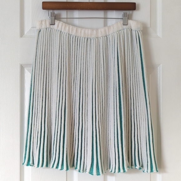 80's Vintage Unique Pleated Knit High Waisted A-Line Mini Skirt White Teal XL - Picture 7 of 8